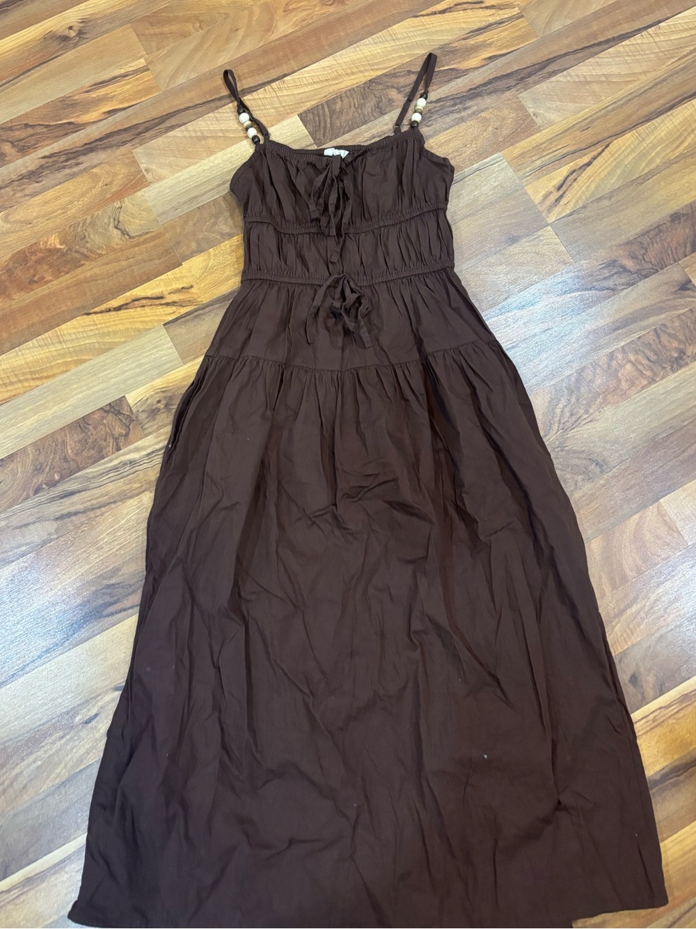 Brown boho beachy beaded milkmaid style maxi dress